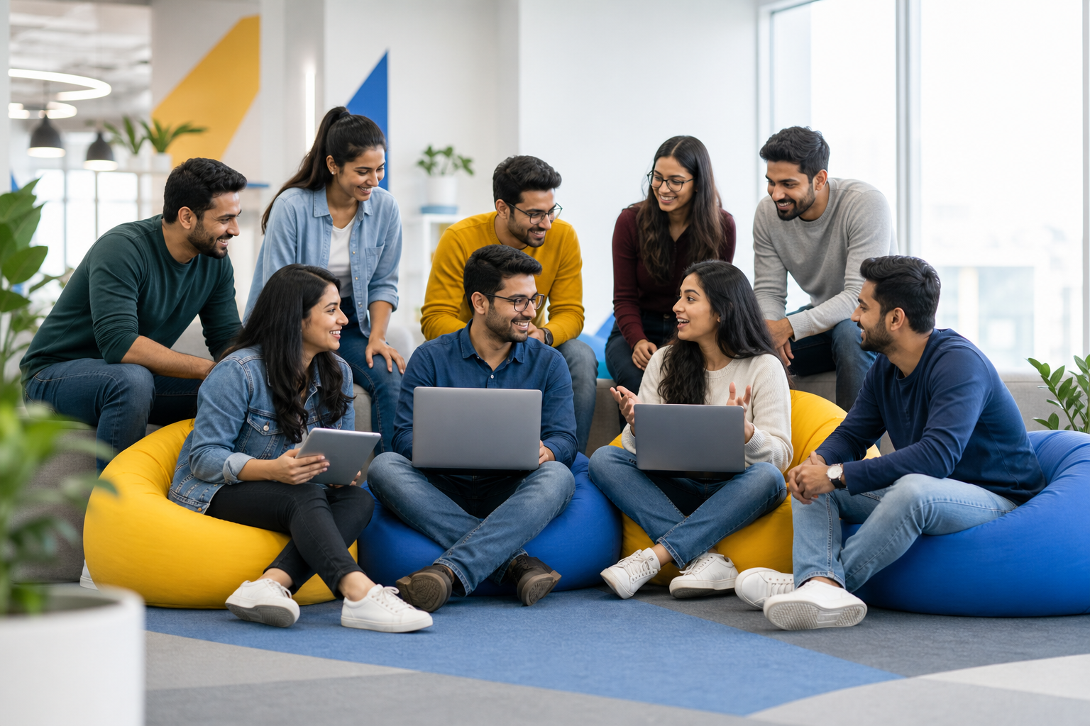 Aionpixel team collaborating in a modern lounge