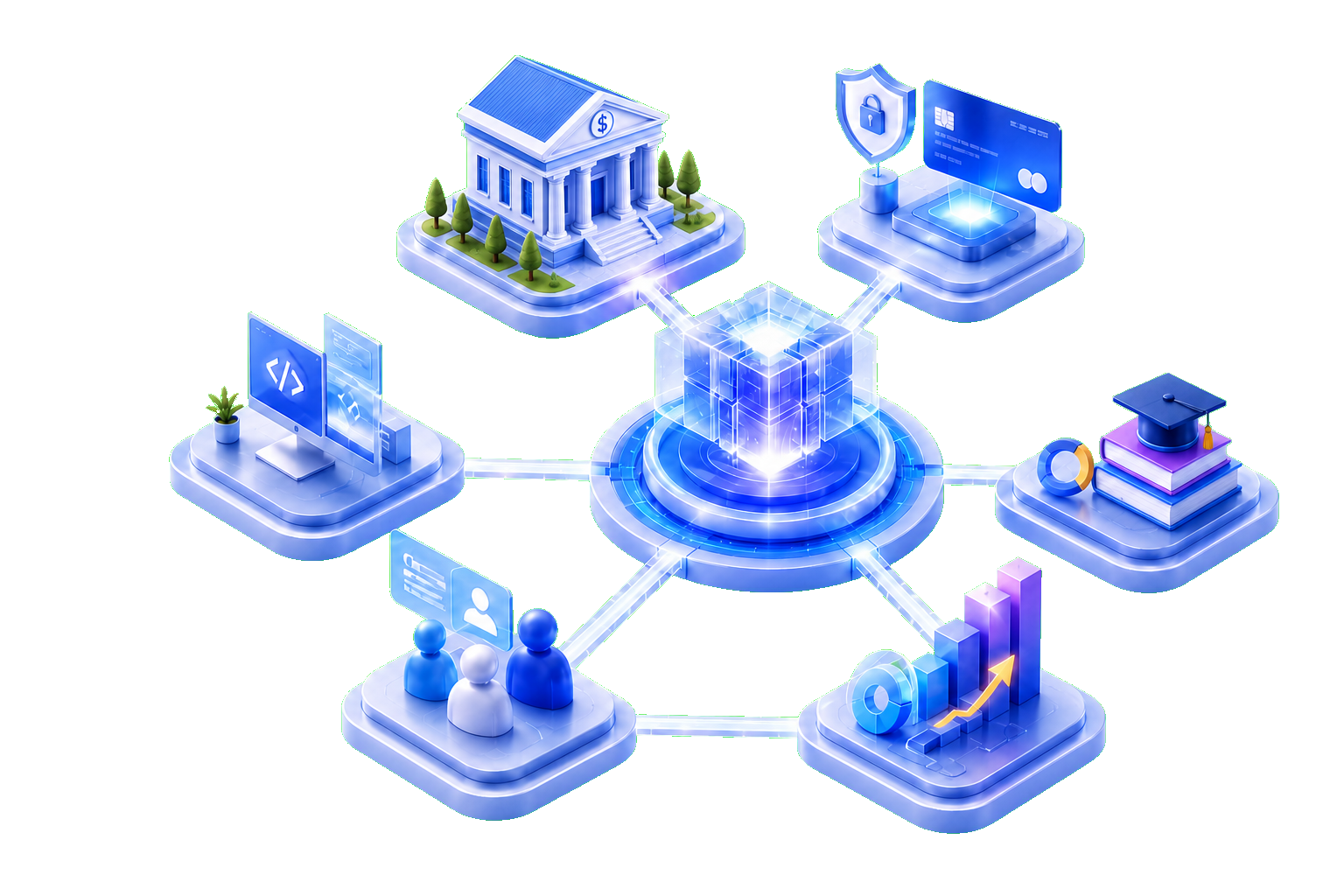 Isometric intelligent solutions ecosystem connecting institutions, business security, coding, collaboration, and analytics